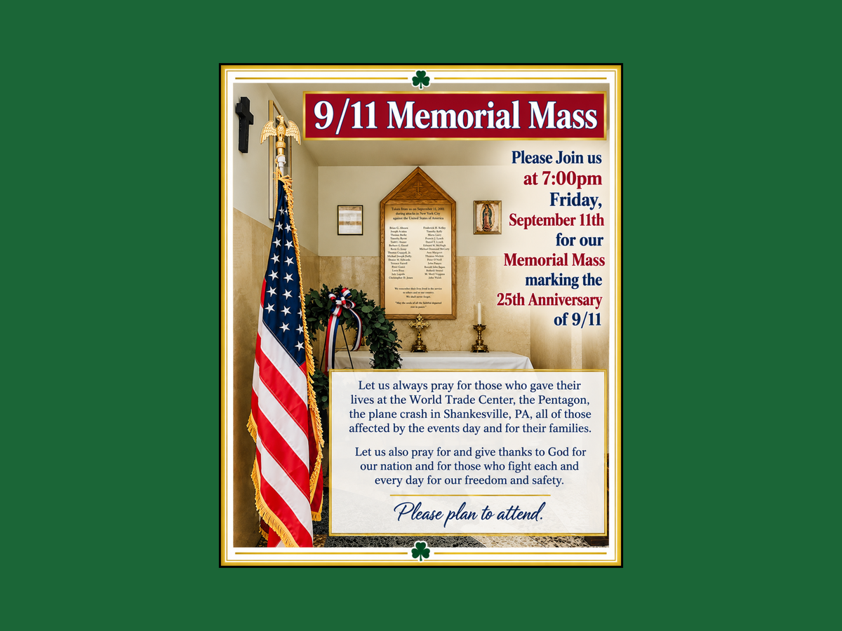 9/11 Memorial Mass at 7:00 pm Friday, September 11th